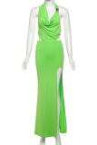 Green Sexy Solid Color Backless High Slit Halter Dresses