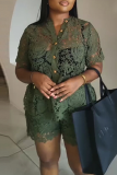 Army Green Sexy Solid Color Lace See-Through Turndown Collar Short Sleeve Two Pieces