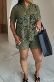 Army Green Sexy Solid Color Lace See-Through Turndown Collar Short Sleeve Two Pieces
