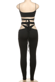 Black Sexy Solid Color Hollow Out Spaghetti Strap Sleeveless Two Pieces