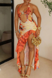 Orange Sexy Print Hollow Out Flounce Halter Long Dresses