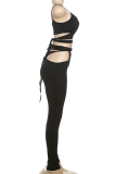 Black Sexy Solid Color Hollow Out Spaghetti Strap Sleeveless Two Pieces