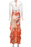 Orange Sexy Print Hollow Out Flounce Halter Long Dresses