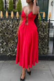 Red Sexy Solid Color Strap Design Spaghetti Strap Sleeveless Two Pieces
