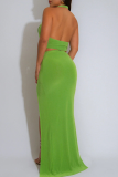 Green Sexy Solid Color Backless High Slit Halter Dresses