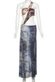 Blue Sexy Print Hollow Out High Slit Strapless Long Dresses