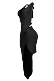 Black Sexy Solid Color Backless Strap Design Halter Sleeveless Two Pieces