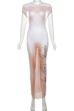 Brown Sexy Print See-Through Backless O Neck Long Dresses