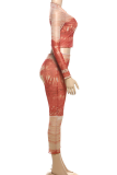 Red Sexy Print O Neck Long Sleeve Two Pieces