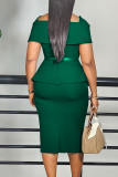 Green Elegant Solid Color Slit With Belt Square Neck Wrapped Skirt Dresses