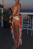 Orange Sexy Print Hollow Out Flounce Halter Long Dresses
