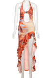Orange Sexy Print Hollow Out Flounce Halter Long Dresses