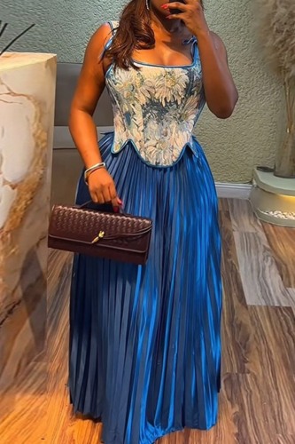 Blue Elegant Print Pleated Irregular Hem Square Neck Sleeveless Two Pieces