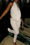 White Sexy Solid Color Backless Deep V Neck Sleeveless Two Pieces