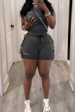 Black Casual Letters Fringed Trim O Neck Short Sleeve Two Pieces
