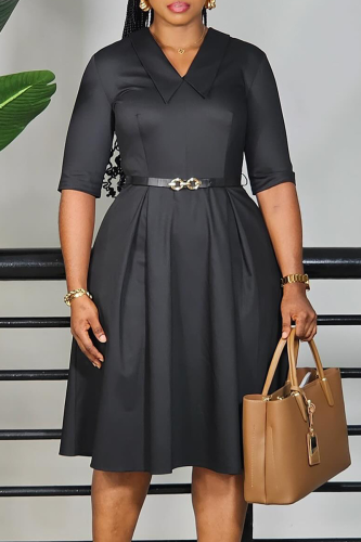 Black Elegant Solid Color With Belt V Neck Long Dresses