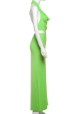 Green Sexy Solid Color Backless High Slit Halter Dresses