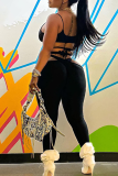Black Sexy Solid Color Hollow Out Spaghetti Strap Sleeveless Two Pieces