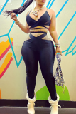 Black Sexy Solid Color Hollow Out Spaghetti Strap Sleeveless Two Pieces
