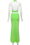 Green Sexy Solid Color Backless High Slit Halter Dresses