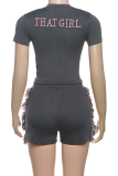 Black Casual Letters Fringed Trim O Neck Short Sleeve Two Pieces