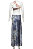 Blue Sexy Print Hollow Out High Slit Strapless Long Dresses