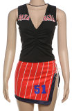 Red Sexy Print High Slit V Neck Sleeveless Two Pieces