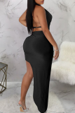 Black Sexy Solid Color Backless Strap Design Halter Sleeveless Two Pieces