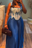 Blue Elegant Print Pleated Irregular Hem Square Neck Sleeveless Two Pieces