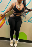 Black Sexy Solid Color Hollow Out Spaghetti Strap Sleeveless Two Pieces