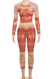 Red Sexy Print O Neck Long Sleeve Two Pieces