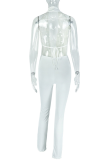 White Sexy Solid Color Backless Deep V Neck Sleeveless Two Pieces