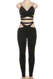 Black Sexy Solid Color Hollow Out Spaghetti Strap Sleeveless Two Pieces