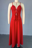 Red Sexy Solid Color Strap Design Spaghetti Strap Sleeveless Two Pieces