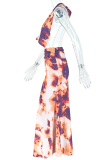 Orange Red Sexy Print Backless Halter Sleeveless Two Pieces