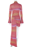 Red Sexy Print Ruched O Neck Irregular Dresses