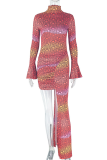 Red Sexy Print Ruched O Neck Irregular Dresses