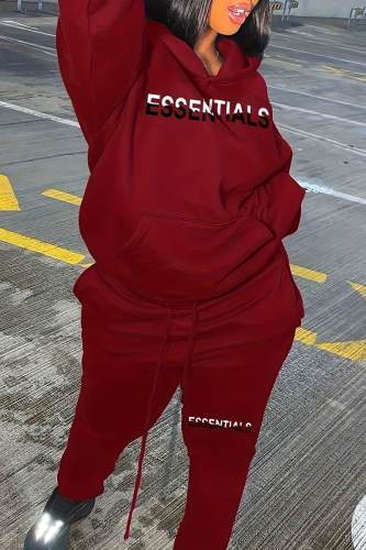 Red Casual Letters Pocket Hooded Plus Size Two Pieces