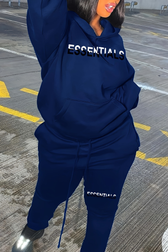 Blue Casual Letters Pocket Hooded Plus Size Two Pieces