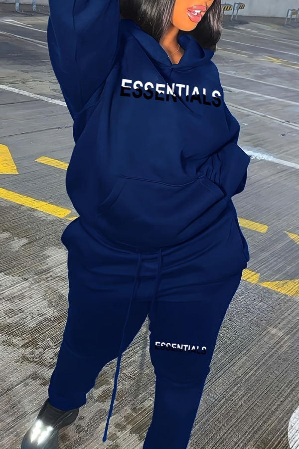 Blue Casual Letters Pocket Hooded Plus Size Two Pieces