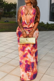 Orange Red Sexy Print Backless Halter Sleeveless Two Pieces