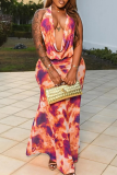 Orange Red Sexy Print Backless Halter Sleeveless Two Pieces