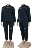Black Casual Letters Pocket Hooded Plus Size Two Pieces
