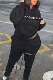Black Casual Letters Pocket Hooded Plus Size Two Pieces