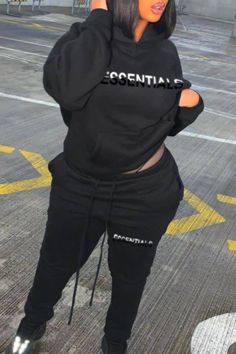 Black Casual Letters Pocket Hooded Plus Size Two Pieces