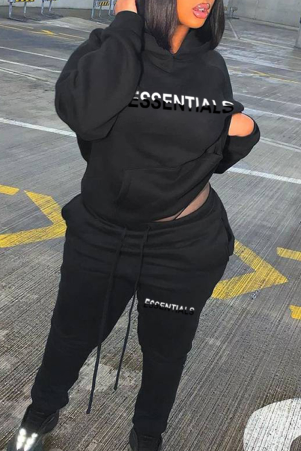 Black Casual Letters Pocket Hooded Plus Size Two Pieces