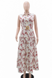 Cream White Elegant Print With Belt Turndown Collar Long Dresses