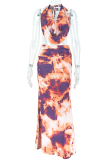 Orange Red Sexy Print Backless Halter Sleeveless Two Pieces