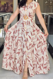 Cream White Elegant Print With Belt Turndown Collar Long Dresses