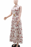 Cream White Elegant Print With Belt Turndown Collar Long Dresses
